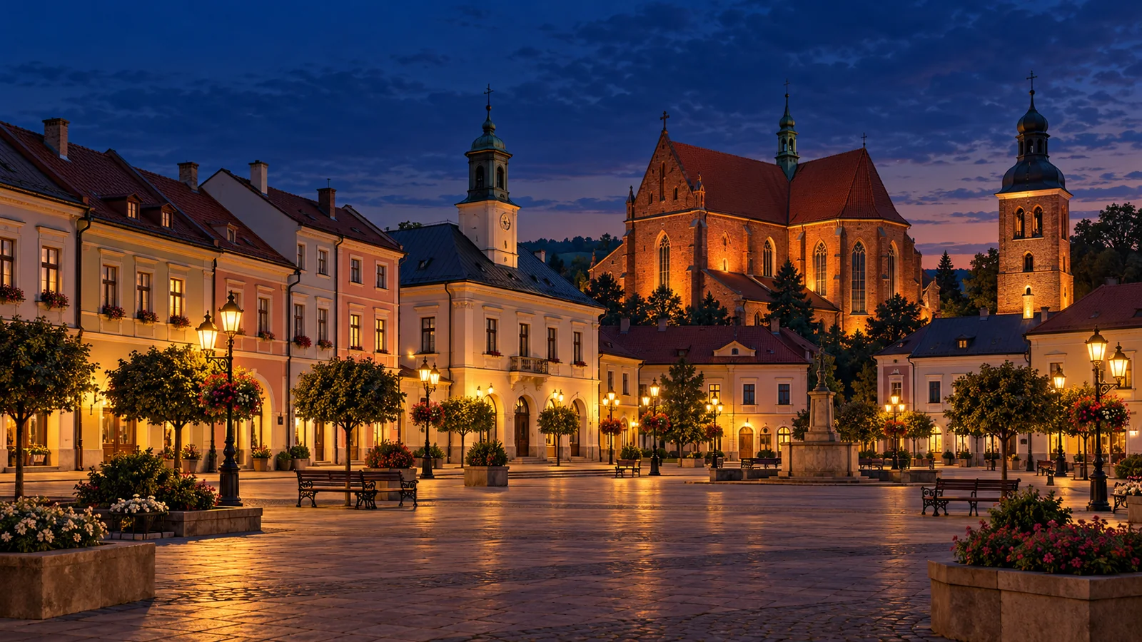 Ilustracja inspirowana miejscowością Bochnia: rynek i zabytkowa zabudowa w granatowo złotej scenerii
