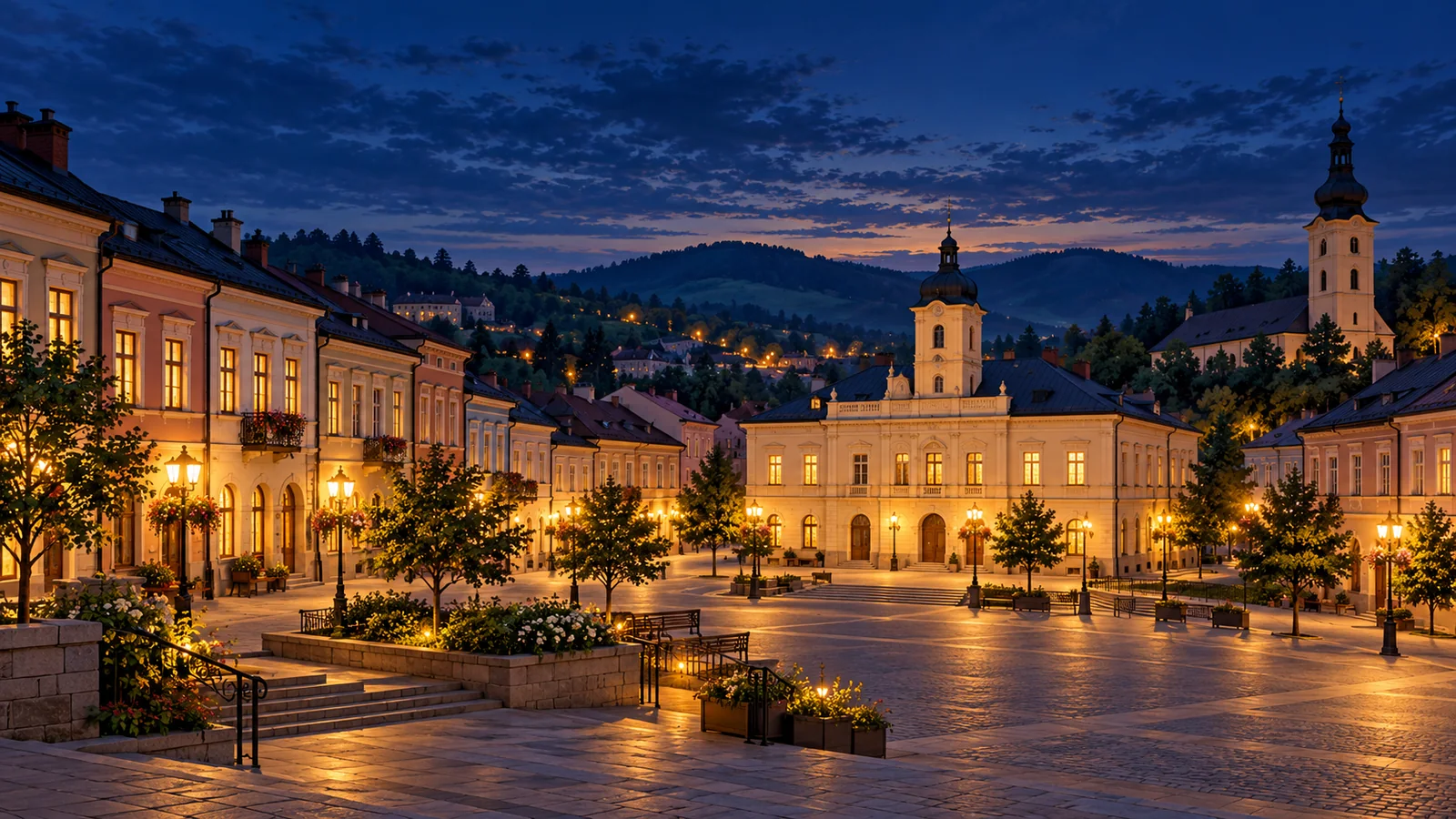 Ilustracja inspirowana miejscowością Gorlice: kameralny rynek z ratuszem i pagórkowatym tłem