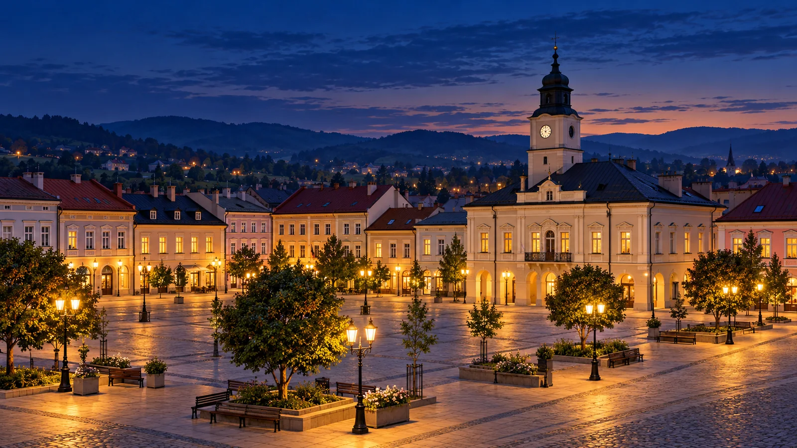 Ilustracja inspirowana miejscowością Jasło: rynek z ratuszem i wzgórzami na horyzoncie