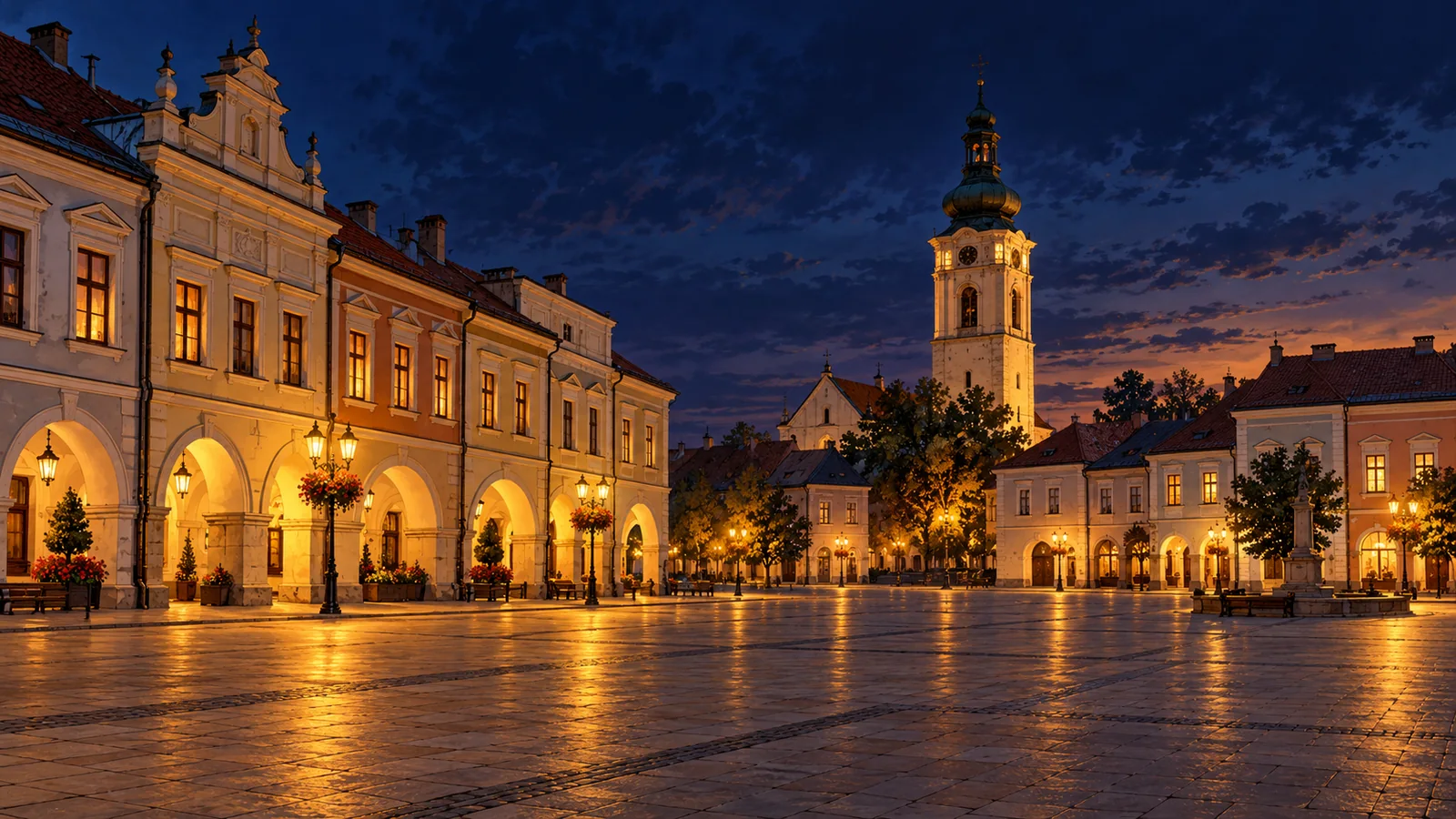 Ilustracja inspirowana miejscowością Krosno: rynek z podcieniami i wieżą w złotym świetle latarni