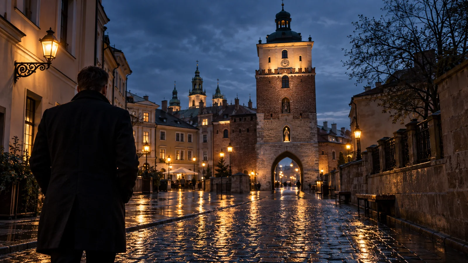 Ilustracja inspirowana miastem Lublin: detektyw w wieczornej scenerii