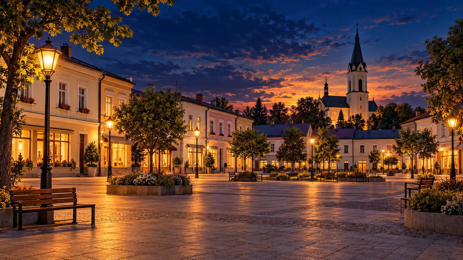 Ilustracja inspirowana miejscowością Nisko: niewielki rynek z niską zabudową i sylwetką kościoła