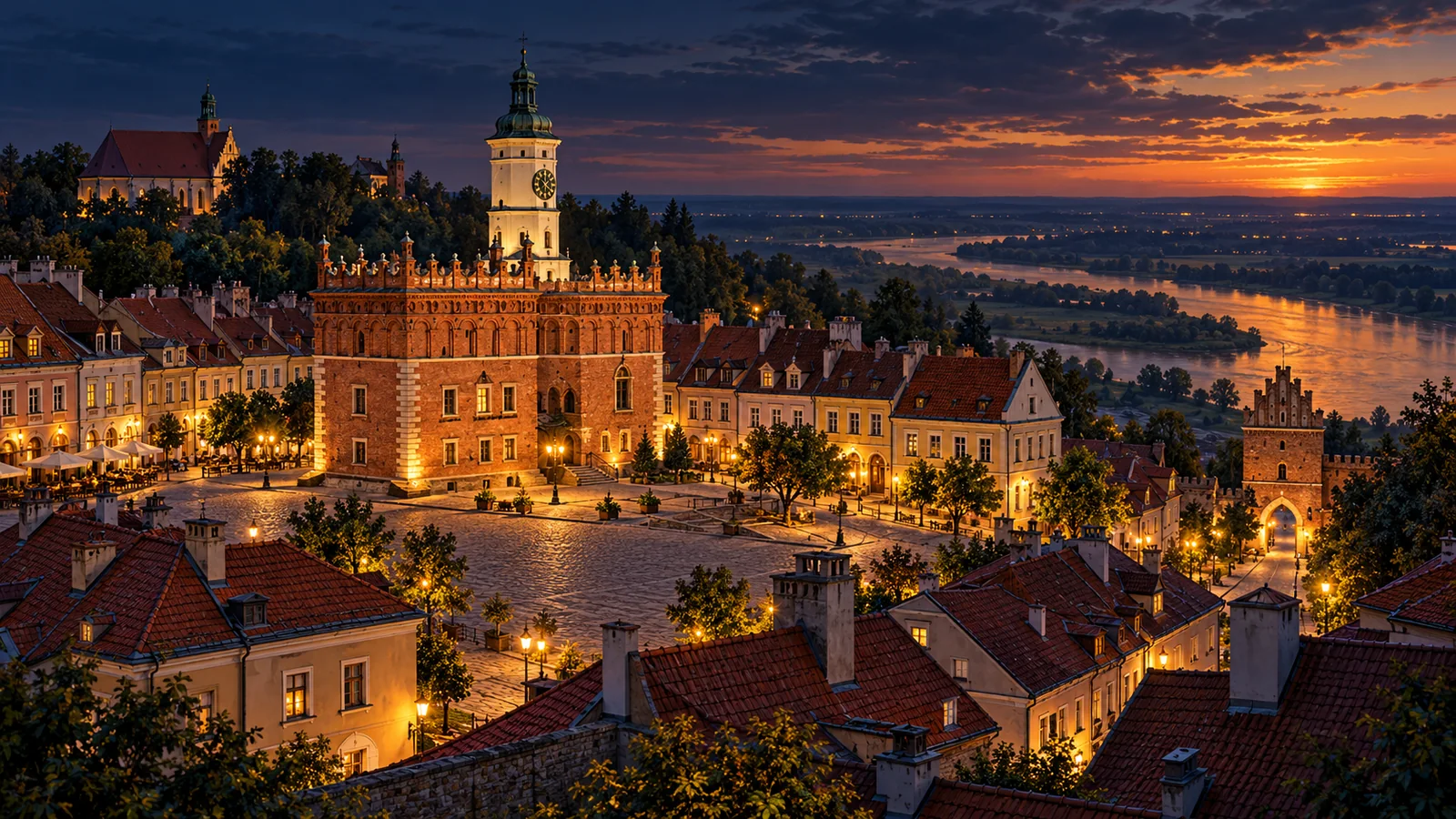 Ilustracja inspirowana miejscowością Sandomierz: stare miasto na wzgórzu, ratusz i dolina rzeki