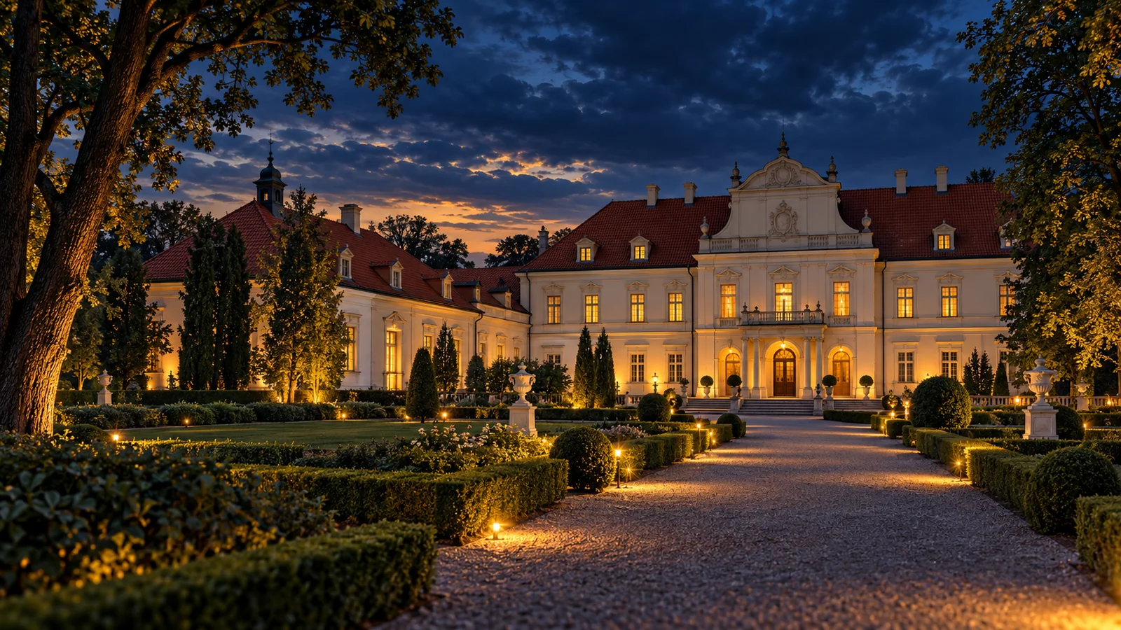 Ilustracja inspirowana miejscowością Tarnobrzeg: pałac otoczony parkiem w wieczornym świetle